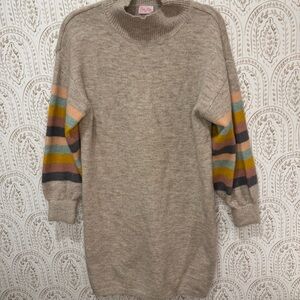 Pink Lily Mock Neck Sweater Dress XS Neutral with Colorblock Striped Sleeves